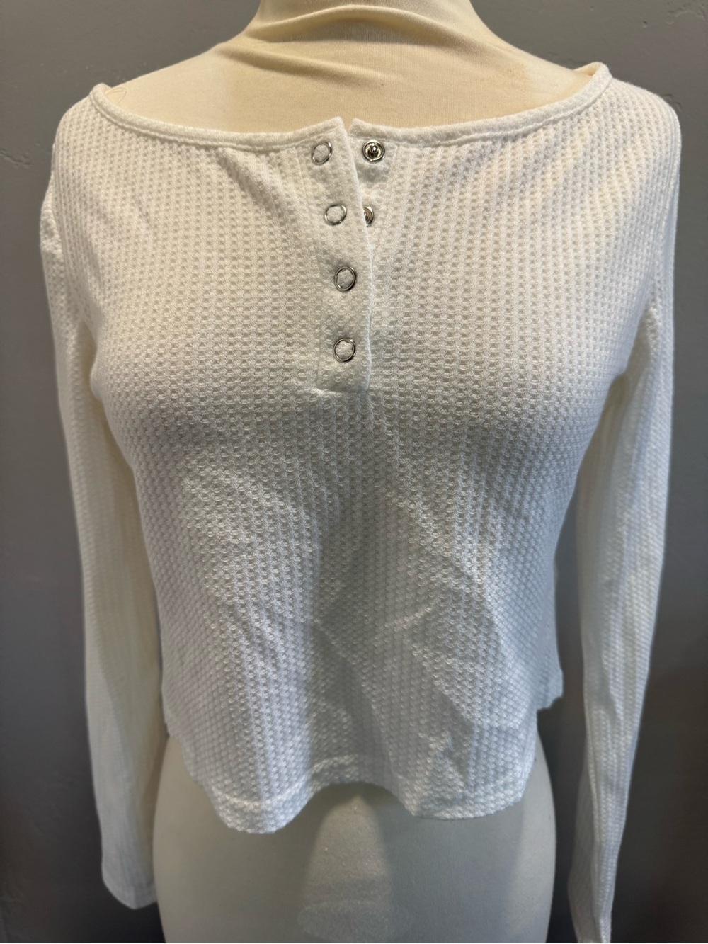 Edikted Teddy Cropped Waffle Knit Henley Top * White NWT Size XS